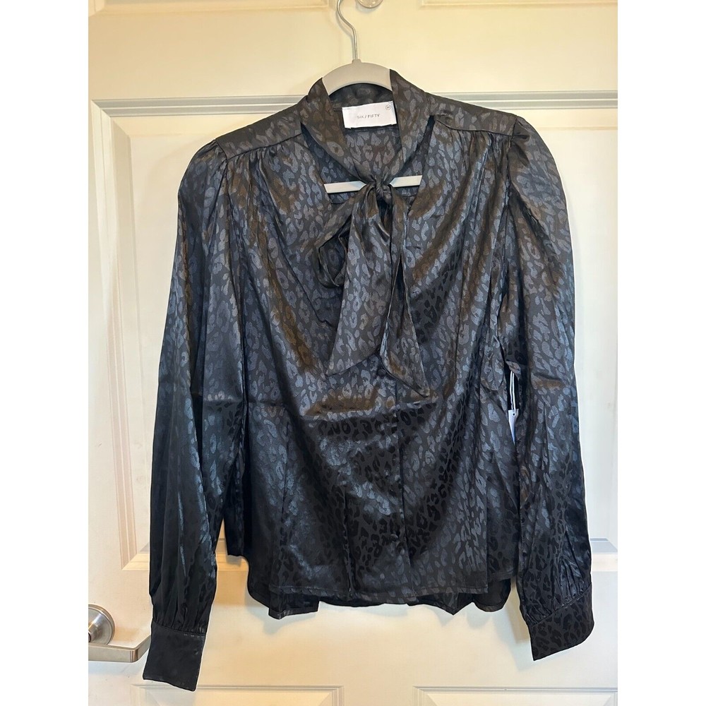 Six/Fifty Freya Black Size MEDIUM Blouse Women’s Animal Print Front Tie Top NWT